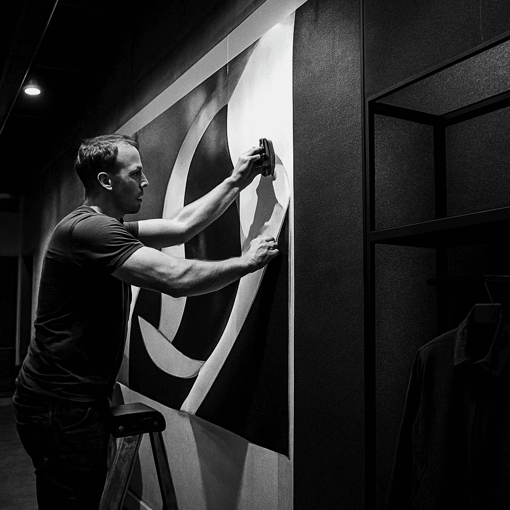Installer applying architectural vinyl graphics in a retail showroom